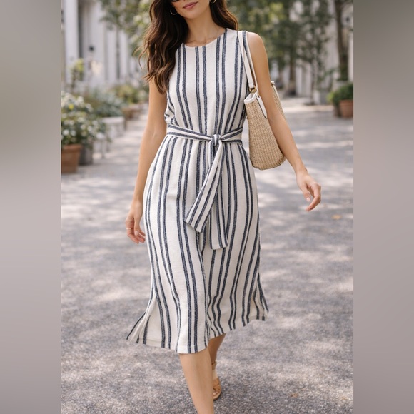 LOFT Dresses & Skirts - LOFT Textured Stripe Midi Dress Small Neutral Sleeveless Tie Waist